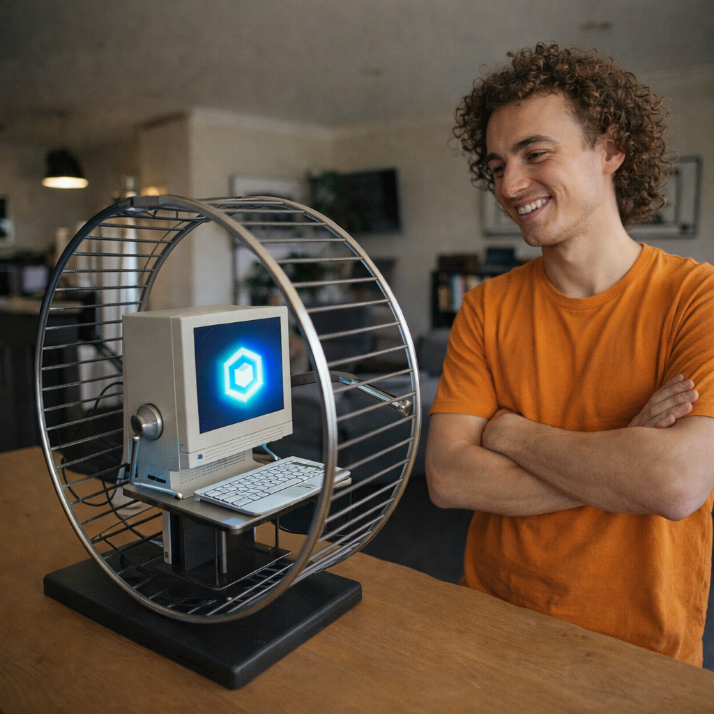 AI computer running on a hamster wheel while a creator watches confidently