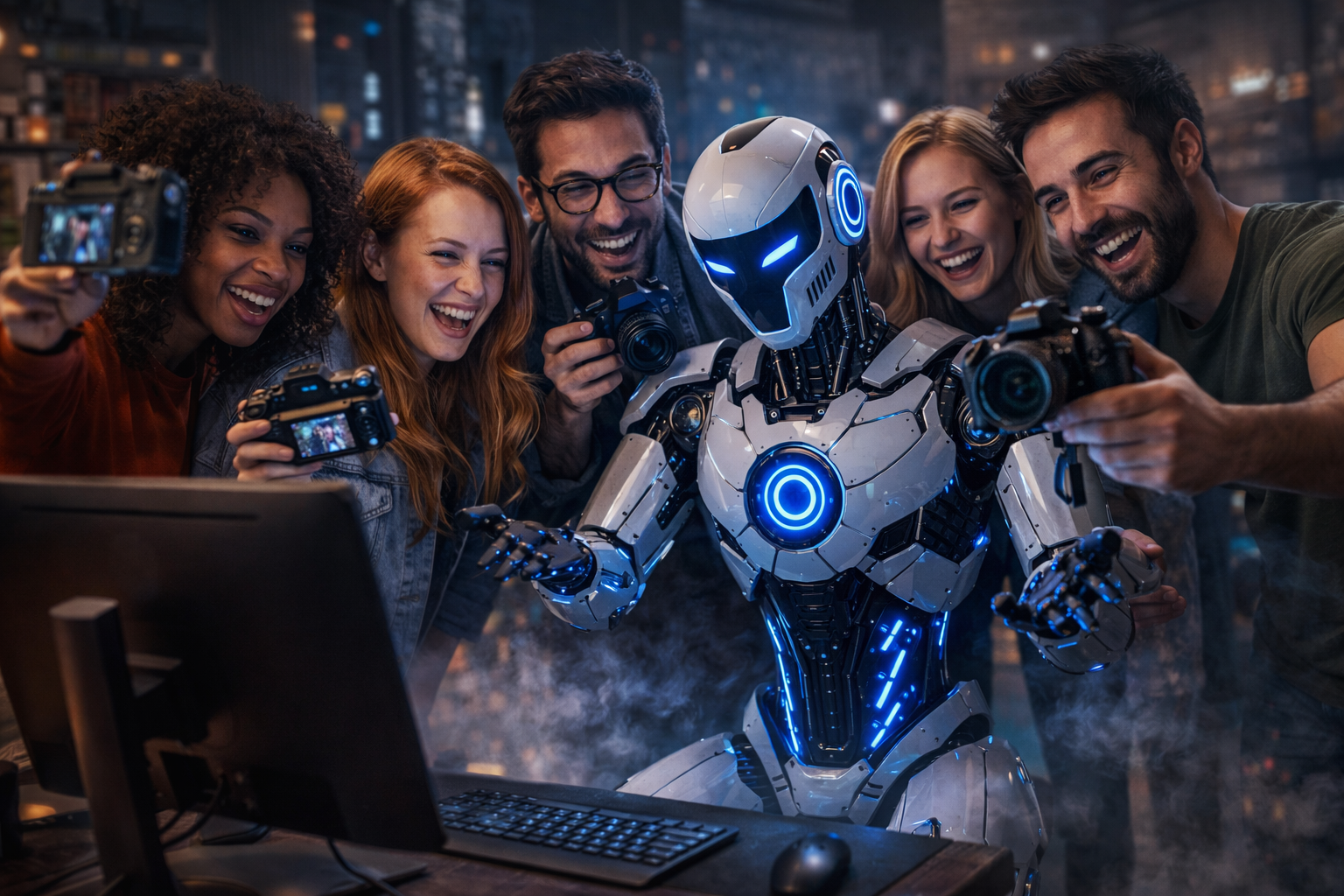 Content creators filming AI robot at computer