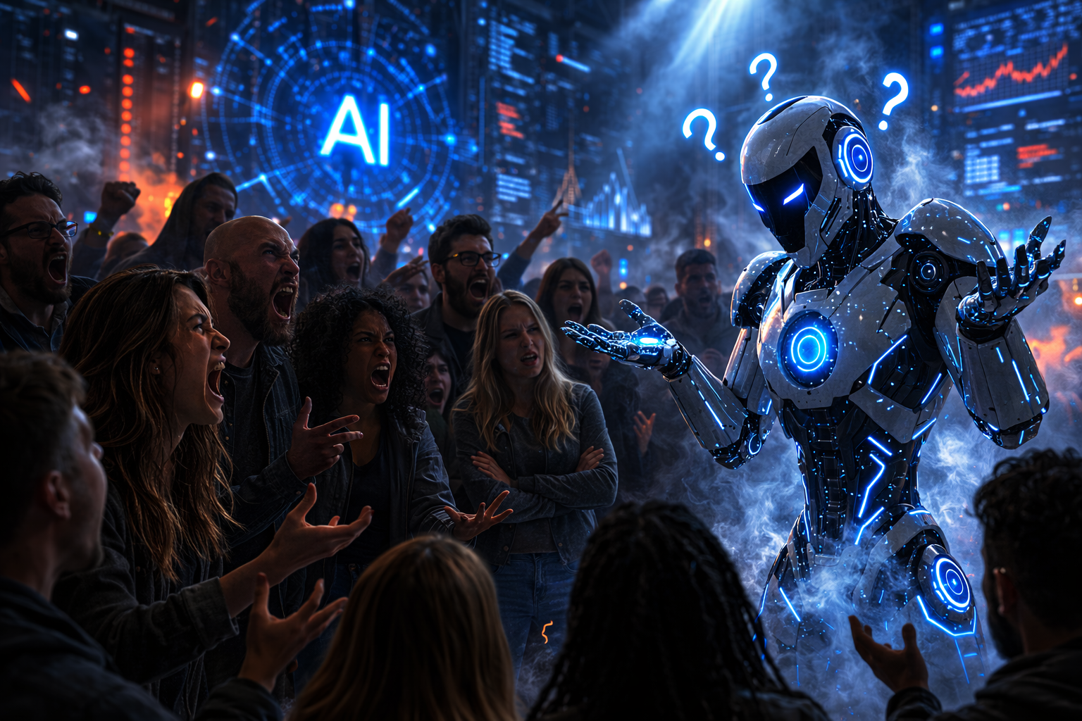 Angry crowd confronting confused AI robot