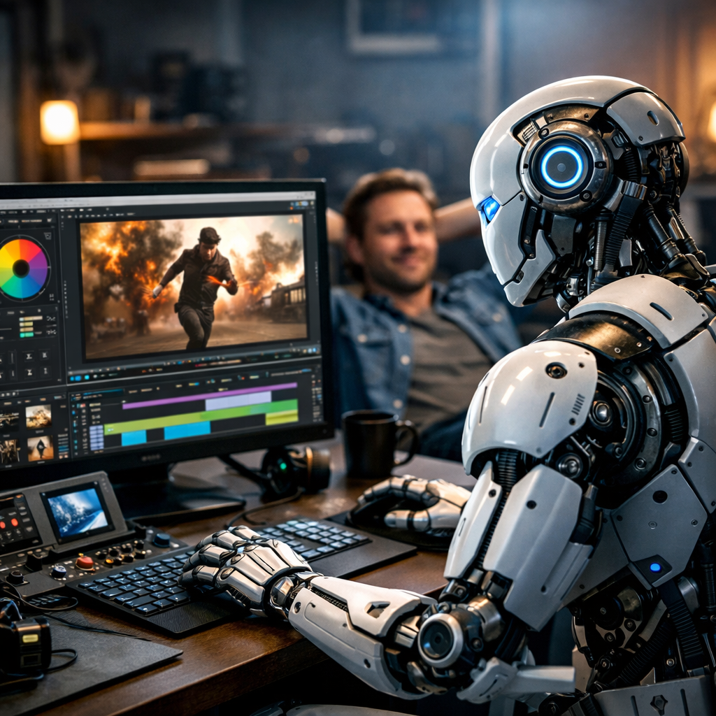 Robot editing video while human relaxes